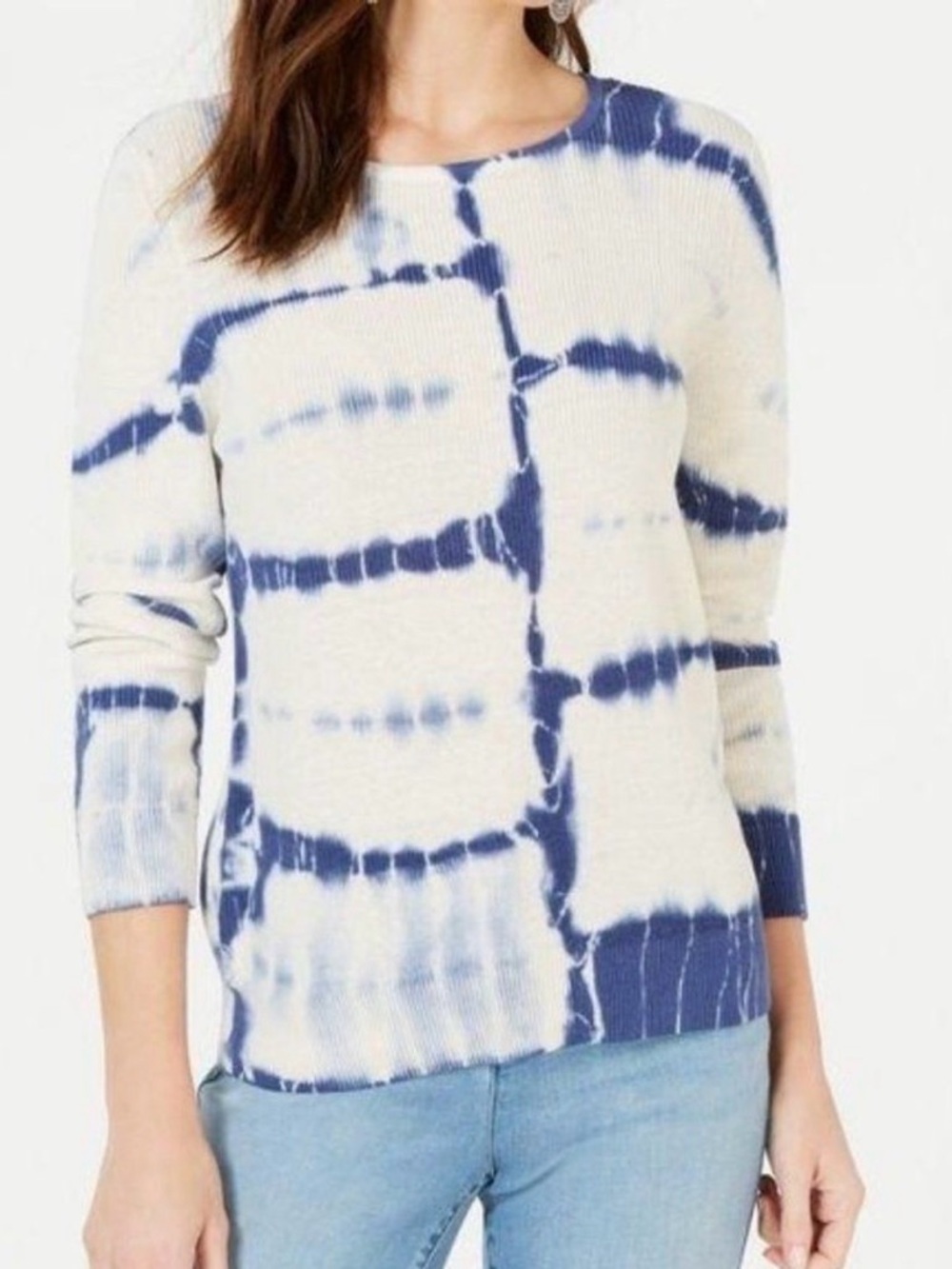 INC International Concepts Blue and Off-White Tie-Dye Crewneck Sweater